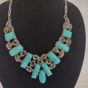 Turquoise and Crystal Collar Necklace bezel set in silver.  Statement Piece.